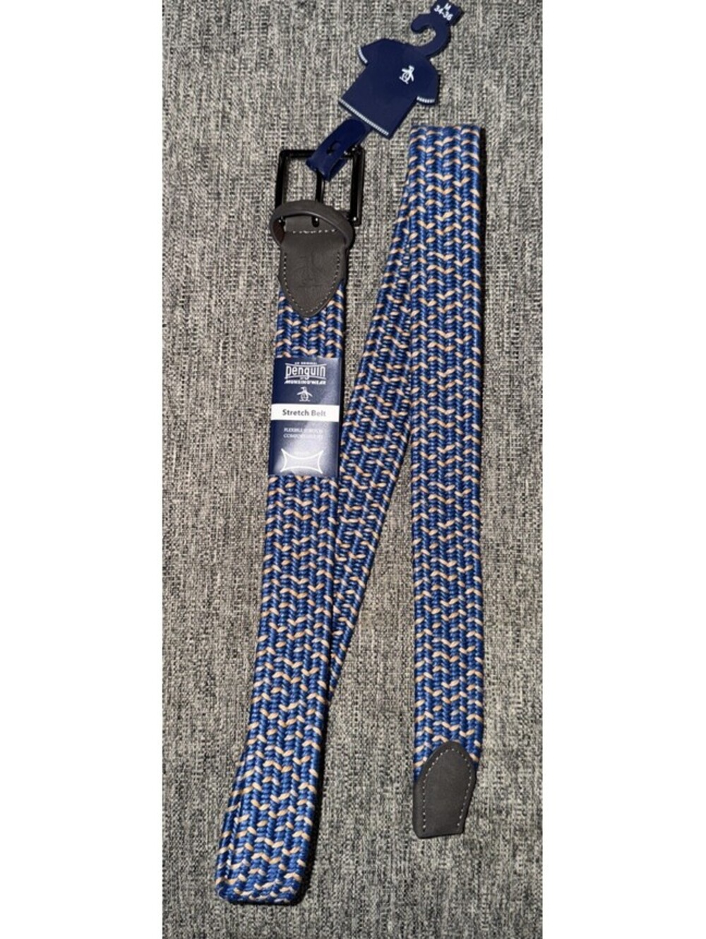 Original Penguin Men’s M (34-36) Golf Braided Stretch Belt Blue/Tan Woven New